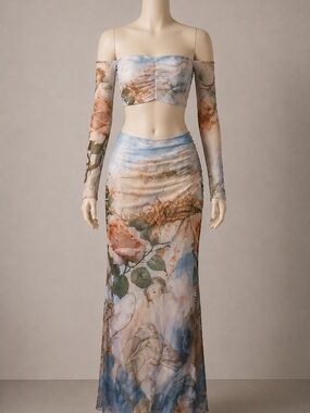 Endless Moon Mesh Floral Ruched Maxi Skirt set- Blue & Peach with Cherub